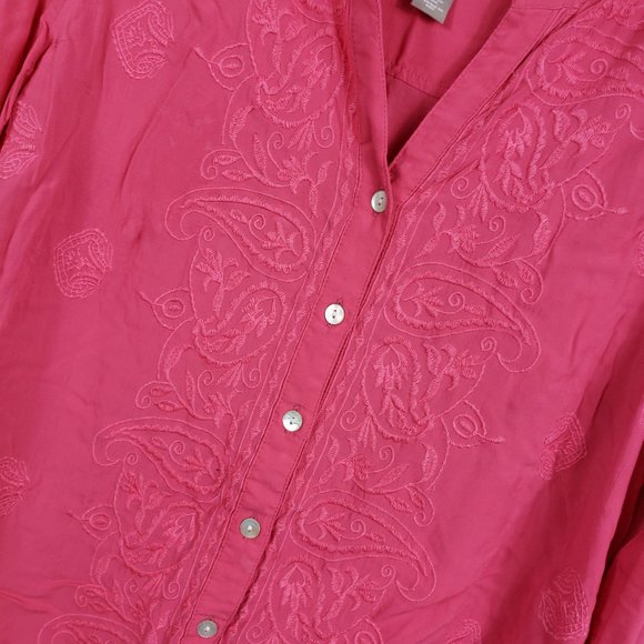 Chico's Women's Coral Pink Embroidered Henley Style Button Down Shirt Top Blouse - Picture 5 of 13
